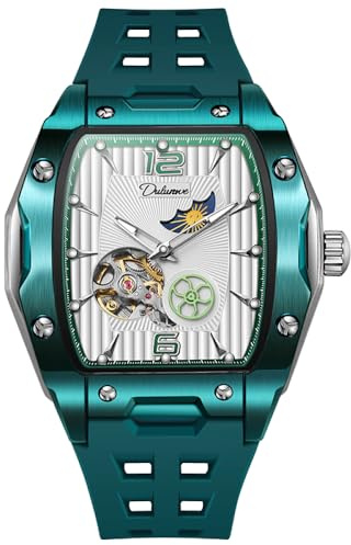 DAXIAOYU Tonneau Sports Men's Tourbillon Watches Starry Moon Phases Hollow Out Automatic Mechanical Watch Rubber Strap Waterproof Luminous Wristwatch, green, Luxury