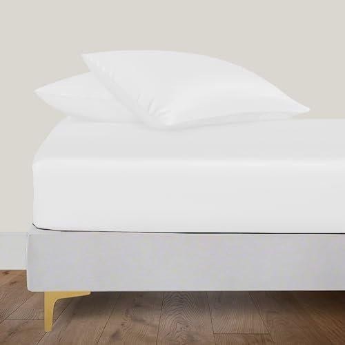 LINENWALAS Spannbetttuch aus 100% Bio-Bambus Seide 120x200 cm, Tiefe Tasche bis 40 cm weich, Öko-Tex-zertifiziertes kühlendes Bambus-Bettwäsche-Set Spannbetttuch mit Kissenbezug (Weiß)