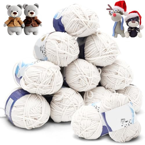 Yuragim Häkelgarn 12 x 50g, Acryl Garn zum Stricken und Häkeln Handstrickgarn für Anfänger und Kinder, Polyacryl Häkelgarn Strickgarn für Häkel- und Strickprojekt, Baumwolle Crochet Yarn(Milchig Weiß)