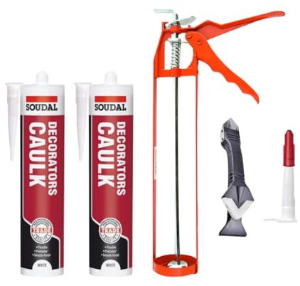 Decorators Caulk White Bundle: White Decorators Caulk Gap Filler Acrylic Silicone Adhesive Sealant 290ml 2x, Skeleton Caulking Gun, Silicone Sealant Finishing Tool and Threaded Nozzle with Cap