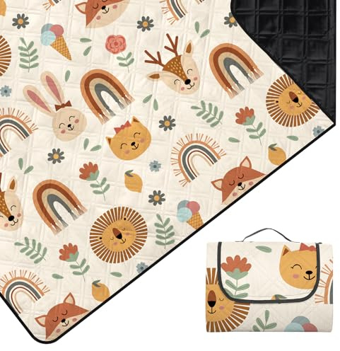 Outplea Bambini Coperta Picnic Impermeabile 200 * 200 CM, Telo da Picnic Lavabile in Lavatrice, Tappeto da Mare Grande 3 Strati per Campeggio Spiaggia Escursioni, Animali Boho