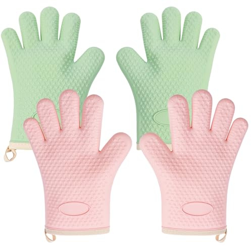 2 Pairs Silicone Oven Mitts Oven Gloves with Fingers Heat Resistant Waterproof Non-Slip Cotton Lined Silicone Oven Gloves Kitchen Mitts for Baking Cooking BBQ(2 Pairs-Green +Pink)