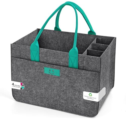Eurhomewit Filt shoppingkorgar, filtväska, shoppingväska med fack, filtväska, stor 30 l, vikbar flaskväska, vedväska, klädkorg, leksaksväska (Smiley mellangrå + turkos/1 stycken)