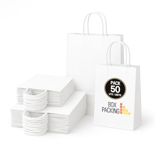 BOXPACKING | Sacchetti Carta con Manici | 50 Borse Bianche | 25 Buste Regalo Medie (32x24x11 cm) e 25 Sacchetti carta Piccoli (24x18x8 cm) | Shopping Bag | Buste Bianche con Manici | Busta Regalo