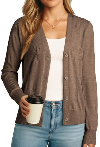 Dokotoo Women's Cardigans Long Sleeve Open Front Womens Sweaters Elegant V Neck Button Women Short Cardigan Solid Twisted Cable Knit Lightweight Ladies Outwear Sweater Khaki Brown M