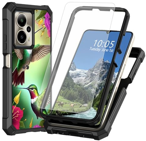 DIGTIALL Fodral för Cricket Outlast 5G 2024/ATT Motivate Pro 17 cm med skärmskydd i härdat glas, dubbla lager kraftigt stötsäkert skyddande fodral, kolibriblomma