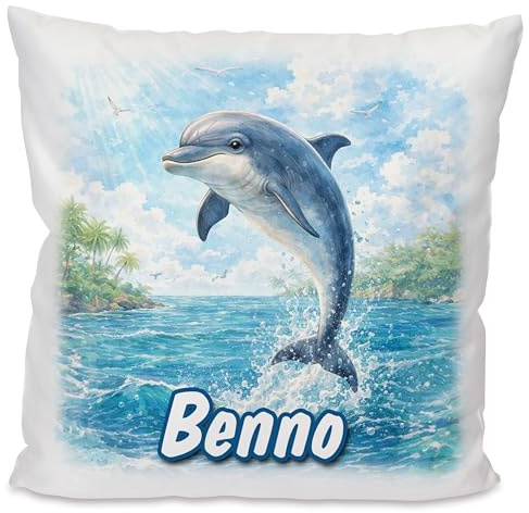 Unikatolo Kissen mit Name personalisiert, Geschenkidee für Kinder & Erwachsene, Namenskissen, Kissen für Paare, Geschenk zum Geburtstag, Weihnachten, Ostern (Delfin)
