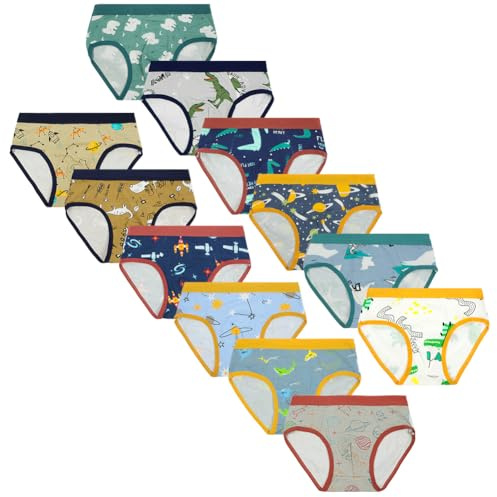 Aomig Boys Briefs 12 Pack Toddler Underwear Kids Triangle Underpants Cute Dinosaur Rocket Training Pants Boys Potty Training Briefs Breathable Underwear Knickers Comfortable Boxer Underwear(100)