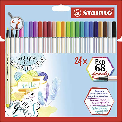 Stabilo Pennarelli Premium con punta a pennello per linee spesse e sottili Pen 68 brush - Pack da 24 - con 24 colori assortiti