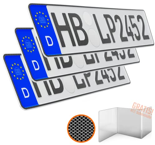 KFZ Kennzeichen 3 Stück 52cm x 11cm in Carbon Optik Nummernschild 520mm x 110mm Wunschkennzeichen Auto DIN Autokennzeichen Fahrradträger Anhänger LKW Wunschprägung amtliches Autoschild