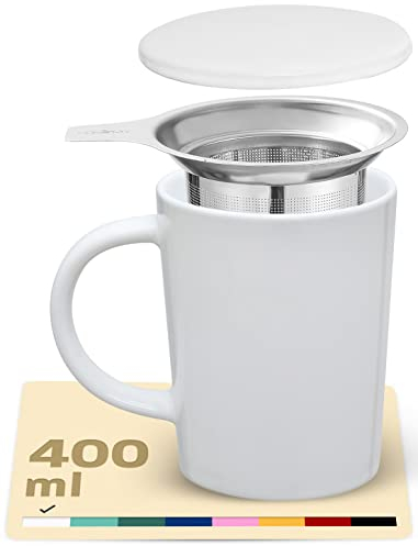 Cosumy Teetasse mit Sieb und Deckel - Keramik Frostweiß - Hält Lange warm - 400ml Groß - Spülmaschinenfest