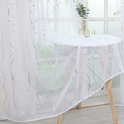 Yujiao Mao Voile transparent gardin med glans ränder tryck, moderna vardagsrumsgardiner, silver med veckband, B x H 140 x 145 cm, (1-pack)
