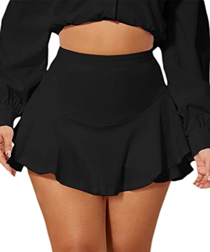Avidlove Mini Skirt for Women Sexy Solid Ruffle Trim Lingerie Skirt Short High Waist Two Layer Hem Skirt(Black,2XL)