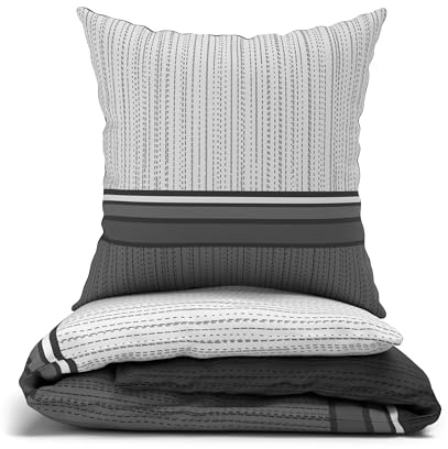 LARAWELL Bettwäsche 135x200 Baumwolle Ganzjahres Bettwäsche-Sets grau schwarz gestreift Premium