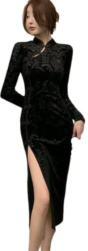CBROOT Robe Cheongsam Chinoise pour Femme -Mode Élégant Chinois Traditionnel Vêtements Manches Longues Cheongsams pour Femmes Hiver Automne Velours Mince Robe De Mariée Qipao,Noir,M