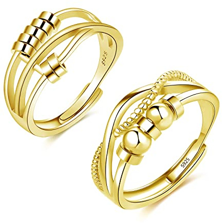 Loutade Lot de 2 bagues anti-anxiété en argent sterling 925, bagues avec perles, anneaux ouverts réglables, pour femme, Platine Argent Doré Platine Argenté