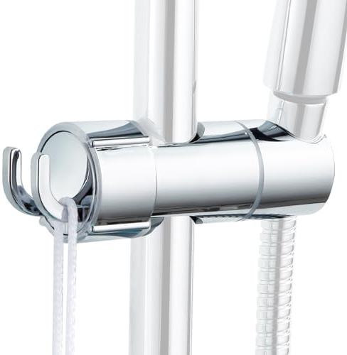 Simpeak Supporto Soffione Doccia Universale con Gancio, Supporto Doccia Regolabile per Barra Scorrevole Diametro Esterno 16-27 mm, Supporto Doccia Girevole a 360° in ABS Cromato, Facile da Installare