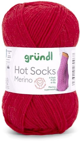 Gründl Hots Socks Merino uni, 4-fädige Sockenwolle, 50 g /200m,75% Schurwolle (Merino, superwash), 25% Polyamid,mulesing frei, Öko-tex Standard, (16 feuerrot)