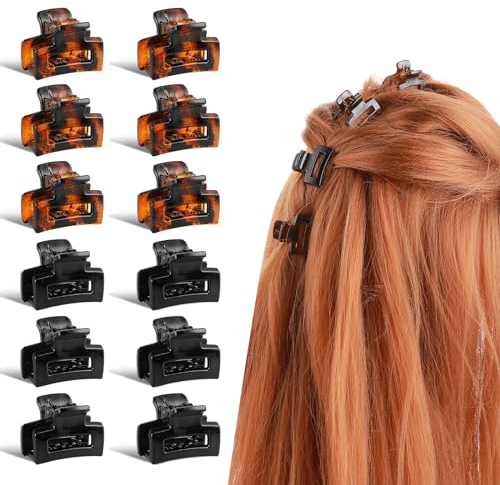 WLLHYF 12 mini pinzas antideslizantes para el pelo de los años 90, accesorios para el cabello para mujeres, pelo rizado fino y grueso para niñas (negro brillante+marrón)