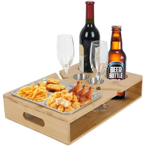 Btstil Couchbar Snackbox, Couch Bar mit Edelstahl-Snackschalen & Weinhalter, Snackbar Sofatablett, Holz Couch Snackbox, Weinhalter, Snackspender, Personalisiert Sofa Organizer