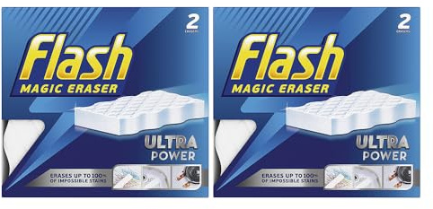 2 x Flash Ultra Power Magic Eraser Stubborn Stains & Mark Remover Multi-Functional Long Lasting Sponge Ideal for Comfort and Effortless Shine Home, Kitchen, Bathroom (Each Pack 2pcs)