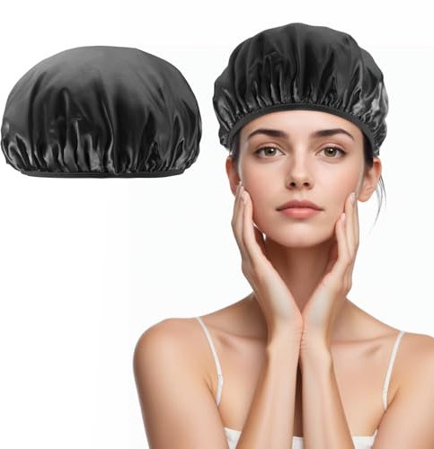 3-Lagige Eindicken Wasserdichte Große, verstellbare Damen-Duschhaube, weiche Frotteefutter Shower Cap (Schwarz)