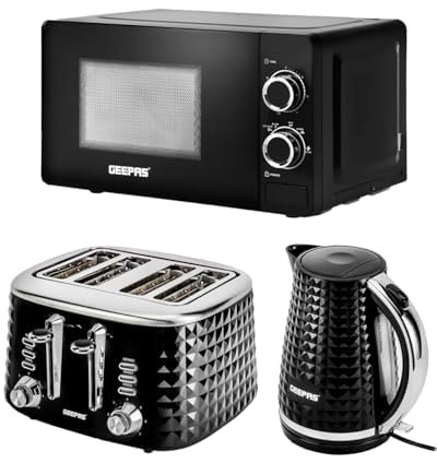GEEPAS Electric Kettle 4 Slice Bread Toaster & Microwave Kitchen Set | 2200W 1.7L Textured Cordless Kettle | 1750W Toaster with 7 Level Browning Control | 700W Solo Manual Dial Microwave 20L | Black