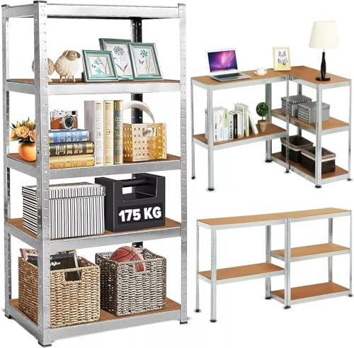 LUXTROUS Garage Shelving Units 5-Tier Storage Shelves, 175kg Per Shelf, 5mm MDF Boards, Shed Storage Racking Shelf Adjustable Metal Boltless Design for Living Room,Office(Silver,70x30x150cm)