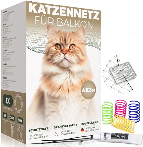 WOOWOOD Katzennetz für Balkon (Ohne Bohren)- mit Klebehaken & Silikonkleber - Katzennetz Drahtverstärkt - Katzenschutznetz Wetterfest - Katzennetz Fenster Katzengitter - Katzennetz Balkon (4X3m)