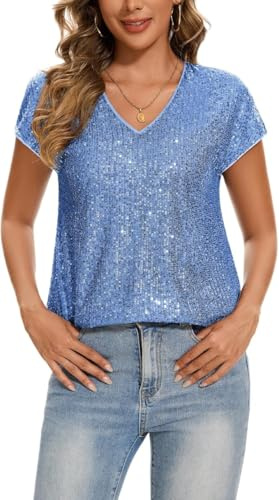 Kyzoeyou Tops for Women Sequin Sparkly Shirts Cap Sleeve V Neck Blouse Glitter Sequined Tunic Top Loose Casual Party