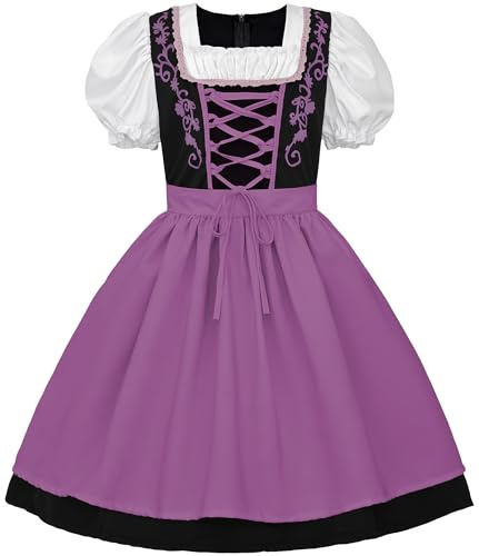 JerrisApparel Girl Dirndl Oktoberfest Costume Bavarian Beer Festival Dress Maid Apron Halloween Cosplay Outfits (Purple, 14-16 Years/XL)