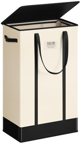 SOLEDI Slim Laundry Basket with Lid, 53L Narrow Laundry Hamper with Handles Easy to Carry, Collapsible Washing Basket Clothes Bin Perfect for Compact Spaces like Bedrooms, Bathrooms, Dorms, RVs, Beige