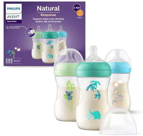 Philips Avent Natural Response Baby Bottles 9oz/260 ml with Medium Flow Teats (Flow 3), 3 Pack, with Tropical Hangout Design, SCY903/73