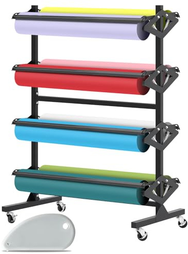 Paper Roll Holder, Craft & Butcher Paper Rack Dispenser Rack and Cutter - 8 Racks for Large, 36 Butcher, Craft, Gift Wrap & Art Kraft Rolls with Ceramic Blade for Classroom, Studio & Retail