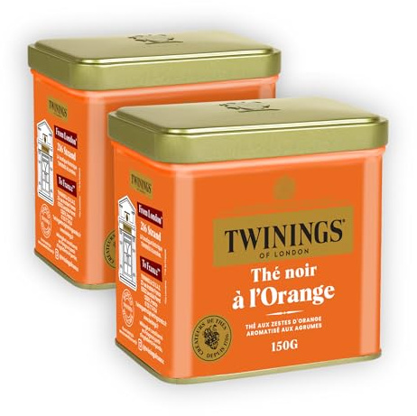Twinings Thé Noir Orange en Vrac 300 g (2x150 g) | Thé noir parfumé aux notes d’agrumes, en vrac dans une boîte métallique à doser selon vos envies en tasse ou théière