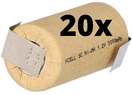 XCell SUB-C - Lote de 20 pilas recargables (3000 mAh, 1,2 V, NIMH, con bandera de soldadura en Z, de alto rendimiento, calidad industrial)