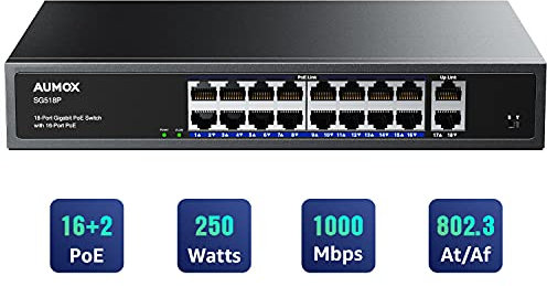 Aumox 18 Port Gigabit PoE Switch 16 PoE + 2 Uplink Ports 250W Unmanaged