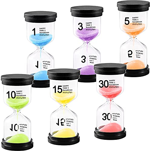 Amzeeniu Buntes Sanduhr-Set mit 6 Farben, Sanduhr-Set, 1 Minute, 3 Minuten, 5 Minuten, 10 Minuten, 15 Minuten, 30 Minuten, Dekoration, Timer, Glas-Timer für Klassenzimmer, Spiele, Küche, Zuhause, Büro