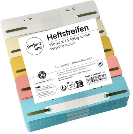 perfect line - 250 Heftstreifen Pappe - Aktendulli aus recycling Karton, 5 Farben - Abheftstreifen Made in Germany - Heftlaschen Blauer Engel zertifiziert