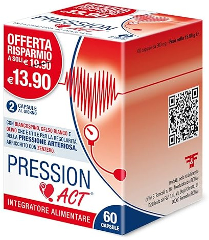 Pression Act Integratore alimentare per regolare la pressione arteriosa con Biancospino, Gelso bianco, zenzero e olivo. 60 capsule