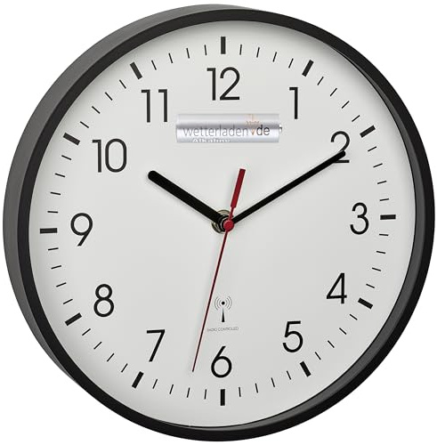 TFA Dostmann 60.3550.01 analog radiostyrd väggklocka, exakt skärm, klassisk, analog, glasskydd, väntrum, hem, lättläsning, 245 x 245 x 42 mm, svart med batteri