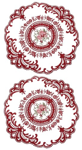 QUARKZMAN 2 Stück Retro Spitzen Tischset Spitzendeckchen, Französische Häkeldeckchen Runde Bestickte Hohle Tassen Vasen Tischmatte für Esstisch Küche Party 28x28cm, Weinrot