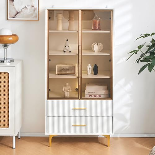 Vitrina de cristal LED 150 cm, 2 puertas, patas doradas, armario elegante salón, blanco, 3 estantes móviles, 16 colores LED