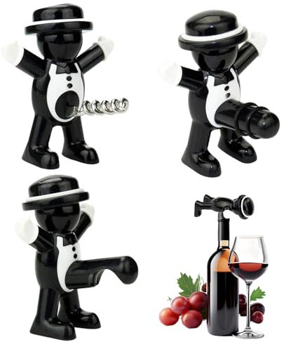 Apribottiglie Vino, 3 Pezzi Apribottiglie Divertente, Tappo Vino Man, Cavatappi per Bottiglia Vino, Apribottiglie Regalo, Set Apribottiglie Birra per Bar, Abitazioni, Ristoranti (Nero)