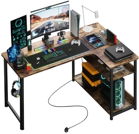 COMHOMA L Shaped Gaming Desk 110x80CM with Power Outlets Corner Computer Desk with Shelves Headphone Hook PC Table Workstation for Home Office Bedroom (Brown, 110CM)