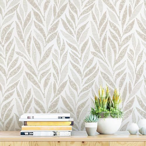 Safiyya 393x17.3 Boho Peel and Stick Wallpaper Beige and White Wallpaper Leaf Self Adhesive Removable Wall Paper for Bathroom Bedroom Contact Paper for Walls Vinyl Roll
