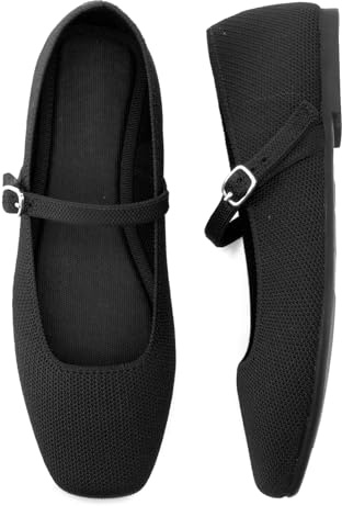 Soesyi Knit Flats for Women Square Toe Flats Casual Ballet Flats with Ankle Strap,Mary Jane Shoes Women Comfortable for Dressy Office,Size 06，Black