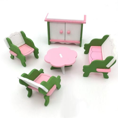 KARLOR 7 Stück Miniatur Möbel Set Wohnzimmer Holz Mini Möbel Set Sofa 2 Sessel Tisch Schrank, Mini Szene Zubehör Accessories Deko 1:12 Wood Furniture Models（Wohnzimmer）