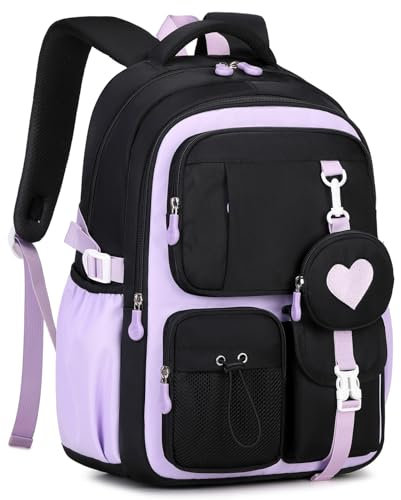 Amythe Sac à Dos pour Filles, Cartable pour Fille Primaire CE2 à CM2, Sac D'école avec Adorable Pochette de Monnaie, Sac Ecole Décontracté pour Enfants pour Voyages, Noir