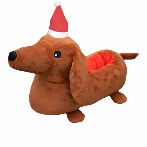 Pantoufles en Peluche en Forme de Teckel - Chaussons Doux et Moelleux pour No毛l, Femme, Homme et Enfants